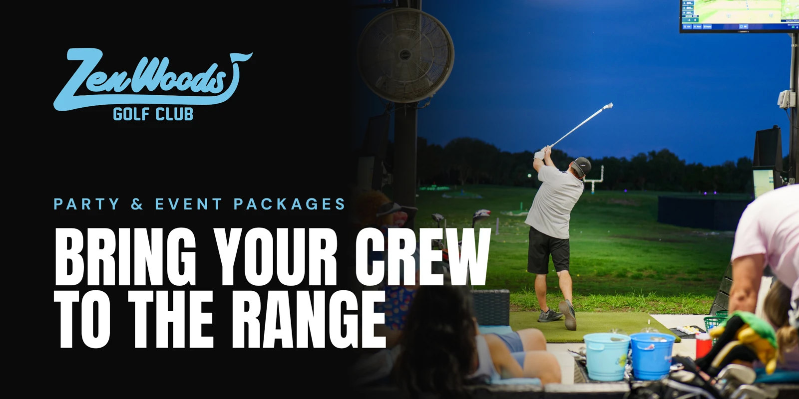ZenWoods party and event packages — Bring your crew to the range. A golfer tees off at the Toptracer range with friends nearby.